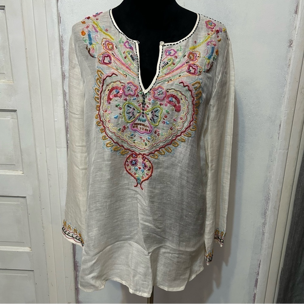 ITSU Silk Linen Tunic Women’s 14 Beaded Floral Boho V Neck Sheer Beachwear